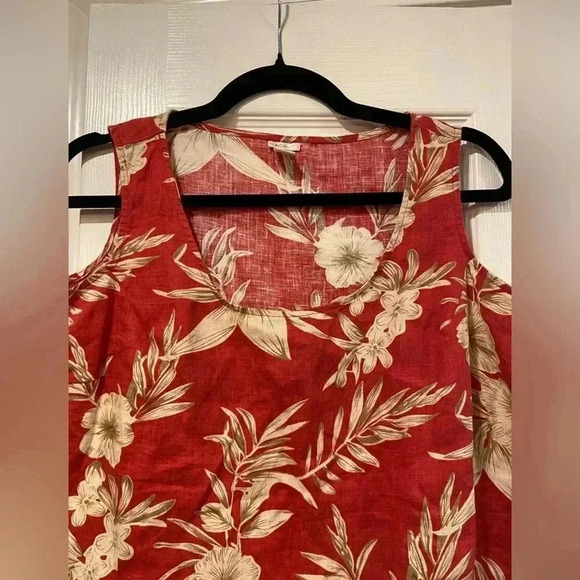 Kiko 100% Linen Pink Floral Round Neck Thick Strap Tank Top Hibiscus Size L - Picture 2 of 9